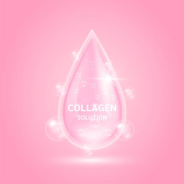 Su damlası solüsyonu pembe. Doğadan gelen vitamin kompleksi. Güzellik tedavisi, beslenme, cilt bakımı. Tıbbi bilimsel kavramlar. 3B Vektör EPS10.