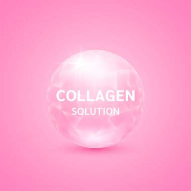 Kolajen solüsyonu pembe. Doğadan gelen vitamin kompleksi. Güzellik derisi reklamı için. Tıbbi bilimsel kavramlar. 3B Vektör EPS10.