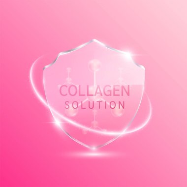 Kolajen çözeltisi molekülleri yarı şeffaf cam kalkanla pembe parlayan halkayla çevrili. Tasarım kozmetik ürünleri için. Doğadan gelen vitamin kompleksi. Tıbbi sağlık cilt koruması. 3B Vektör EPS10.