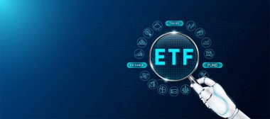 Robot büyüteç tutuyor. ETF mavi değişim fonu. Yatırım borsası ticareti. Simgeler finans, tasarruf, banka. İş stratejisi endeksi büyümesi planlıyorum. Sancak vektörü.