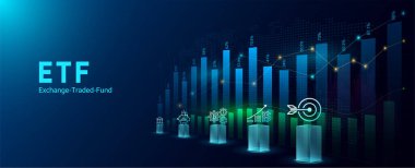 ETF Ticaret Fonu. Yatırım borsası ticareti. Simgeler finans, tasarruf, banka. İş stratejisi endeksi büyümesi planlıyorum. Grafik eğilimini analiz et. Sancak vektör illüstrasyonu.