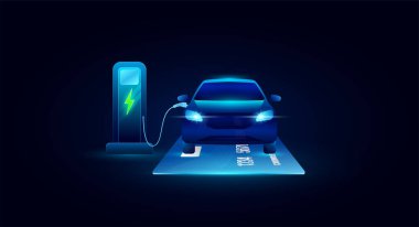 Kredi kartıyla EV arabası. Elektrikli araç ve şarj istasyonu. Otomotiv endüstrisine alternatif temiz enerji. Çevre enerji teknolojisi. Sancak vektörü EPS10.