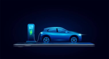 EV elektrikli araç ve akıllı telefondan şarj istasyonu. Otomotiv endüstrisinin alternatif geleceği. Çevre doğa enerji teknolojisi. Metin için sancak boşluğu. Vektör EPS10.