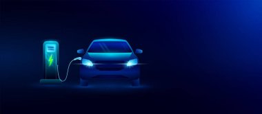 EV elektrikli araç şarj oluyor. Elektrikli araba aküyü şarj eder. Otomotiv endüstrisinin alternatif geleceği. Çevre doğa enerji teknolojisi. Metin için sancak boşluğu. Vektör EPS10.