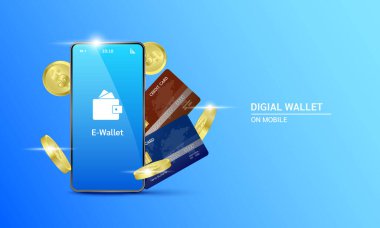 Cep telefonu ve internet bankacılığında dijital cüzdan uygulaması. Kredi kartıyla çevrimiçi ödeme güvencesi. Çevrimiçi para transferi konsepti. Vektör EPS10.