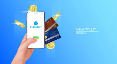 Dijital cüzdan uygulamalı akıllı telefon. Kredi kartı ve para. Güvenli mobil bankacılık finans konsepti. Para para transferleri. Mavi arkaplan vektörü EPS10.
