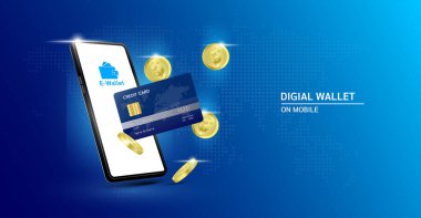 Cep telefonu internet bankacılığında elektronik cüzdan uygulaması. Kredi kartıyla çevrimiçi ödeme güvencesi. Çevrimiçi para transferi konsepti. Mavi arkaplanda sikke simgesi. Vektör EPS10 illüstrasyonu.