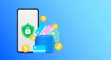 Cep telefonu ve internet bankacılığında dijital cüzdan uygulaması. Kredi kartıyla çevrimiçi ödeme güvencesi. Çevrimiçi para transferi konsepti. Vektör EPS10.