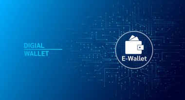 E-cüzdan Dijital cüzdan uygulaması internet bankacılığı. Kredi kartıyla çevrimiçi ödeme güvencesi. Çevrimiçi para transferi konsepti. Koyu arkaplanda madeni para simgesi. Vektör EPS10 illüstrasyonu.