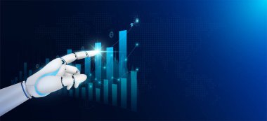 Robot parmakları borsaya dokunuyor. Yapay zeka teknolojisiyle yapılan şamdanın analizi grafik büyüme eğilimini artırıyor. İş stratejisi planlama finansal yatırım. Metin için boş alanı olan. Vektör EPS10.