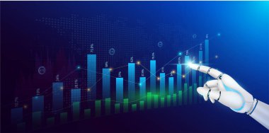 Robot parmakları borsaya dokunuyor. Yapay zeka teknolojisiyle yapılan şamdanın analizi grafik büyüme eğilimini artırıyor. İş stratejisi planlama finansal yatırım. Vektör EPS10.