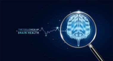 Beyin büyüteç içinde tarama taraması ve mavi parlak neon kalp atımı. Sağlık ve tıbbi kontrol çok yenilikçi dijital teknoloji. Vücut sağlığı kontrolü inceleme organı. Vektör.