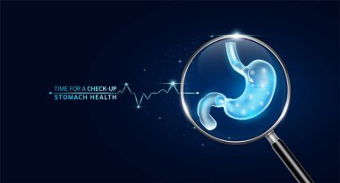 Mide büyüteç içinde tarama taraması ve mavi parlak neon kalp atışı. Sağlık ve tıbbi kontrol çok yenilikçi dijital teknoloji. Vücut sağlığı kontrolü inceleme organı. Vektör.