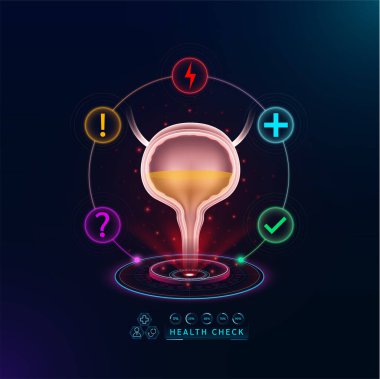 Sağlık hizmetleri. İdrar kesesi fonksiyonlarını kontrol et. Sanal arayüz hologramında sağlık kontrol organı. İkonlar soru işareti, gök gürültüsü ve haç işaretleriyle. Vektör.