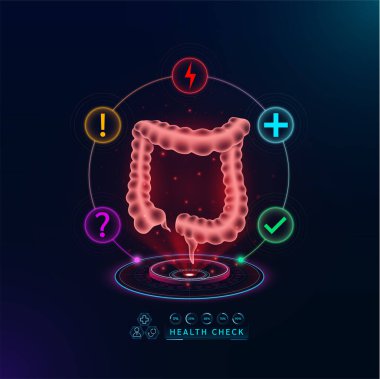 Sağlık hizmetleri. Tanı koymak için bağırsak fonksiyonlarını inceleyin. Sanal arayüz hologramında sağlık kontrol organı. İkonlar soru işareti, gök gürültüsü ve haç işaretleriyle. Vektör.