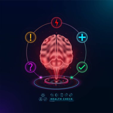 Sağlık hizmetleri. Hastalığı teşhis etmek için beyin fonksiyonlarını inceleyin. Sanal arayüz hologramında sağlık kontrol organı. İkonlar soru işareti, gök gürültüsü ve haç işaretleriyle. Vektör.