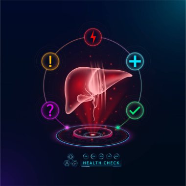 Sağlık hizmetleri. Hastalığı teşhis etmek için karaciğer fonksiyonlarını inceleyin. Sanal arayüz hologramında sağlık kontrol organı. İkonlar soru işareti, gök gürültüsü ve haç işaretleriyle. Vektör.