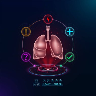 Sağlık hizmetleri. Hastalık teşhisi için akciğer fonksiyonlarını inceleyin. Sanal arayüz hologramında sağlık kontrol organı. İkonlar soru işareti, gök gürültüsü ve haç işaretleriyle. Vektör.