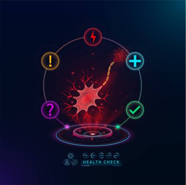 Sağlık hizmetleri. Sinir hücresi fonksiyonlarını inceleyin. Sanal arayüz hologramında sağlık kontrol organı. İkonlar soru işareti, gök gürültüsü ve haç işaretleriyle. Vektör.