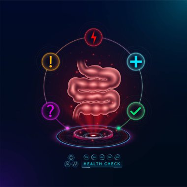 Sağlık hizmetleri. Tanı koymak için ince bağırsak fonksiyonlarını inceleyin. Sanal arayüz hologramında sağlık kontrol organı. İkonlar soru işareti, gök gürültüsü ve haç işaretleriyle. Vektör.