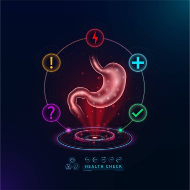 Sağlık hizmetleri. Hastalık teşhisi için mide fonksiyonlarını inceleyin. Sanal arayüz hologramında sağlık kontrol organı. İkonlar soru işareti, gök gürültüsü ve haç işaretleriyle. Vektör.