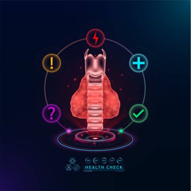 Sağlık hizmetleri. Hastalığı teşhis etmek için tiroid bezi fonksiyonlarını inceleyin. Sanal arayüz hologramında sağlık kontrol organı. İkonlar soru işareti, gök gürültüsü ve haç işaretleriyle. Vektör.