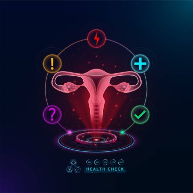 Sağlık hizmetleri. Rahim fonksiyonlarını inceleyin ve rahatsızlığı tespit edin. Sanal arayüz hologramında sağlık kontrol organı. İkonlar soru işareti, gök gürültüsü ve haç işaretleriyle. Vektör.