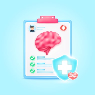 Tıbbi belge tahtası. Sağlık doktoru için beyin organ kontrolü listesi. Sembol kalkanda kesişiyor, kırmızı kalp atışı çizgisinde yeşil düğme işaretli. Sağlık hizmeti konsepti. 3d simge çizgi film vektörü oluşturucu