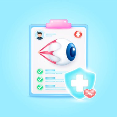 Tıbbi belge tahtası. Sağlık doktoru için göz organı kontrol listesi. Sembol kalkanda kesişiyor, kırmızı kalp atışı çizgisinde yeşil düğme işaretli. Sağlık hizmeti konsepti. 3d simge çizgi film vektörü oluşturucu