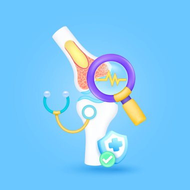 Diz eklemi ve kemik sağlığını doktorla kontrol edeceğim. Sarı kalp atışı büyüteç görünümlü ortak teşhis ve kalkan sembolü çaprazında, işaret düğmesine bakın. Sağlık hizmetleri. 3d simge organ anatomisi karikatür vektörü.