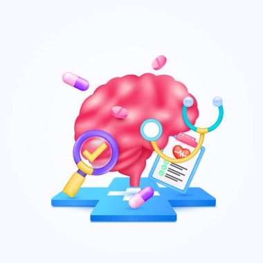 Doktorla beyin sağlığı hizmeti. Hap, belge tahtası ve büyüteçle işaretlenmiş steteskop çapraz tıbbi sembollerde yüzen teşhis. 3d karikatür simgesi organ vektörü.