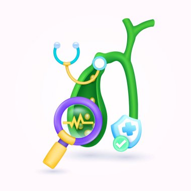 Safra kesesi sağlığını doktorla kontrol edin. Sarı kalp atışı, büyüteç görünümlü safra kesesi teşhisi ve kalkan sembolü çapraz, işaret düğmesine bakın. Sağlık hizmetleri. 3d simge organ anatomisi karikatür vektörü.