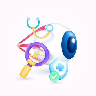 Göz sağlığı kontrolü için doktora görünün. Sarı kalp atışı büyüteç görünümlü böbrek teşhisi ve kalkan sembolü çapraz, işaret düğmesine bak. Sağlık hizmetleri. 3d simge organ anatomisi karikatür vektörü.