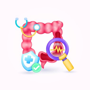 Bağırsak sağlığını doktorla kontrol edin. Sarı kalp atışı büyüteç görünümlü böbrek teşhisi ve kalkan sembolü çapraz, işaret düğmesine bak. Sağlık hizmetleri. 3d simge organ anatomisi karikatür vektörü.