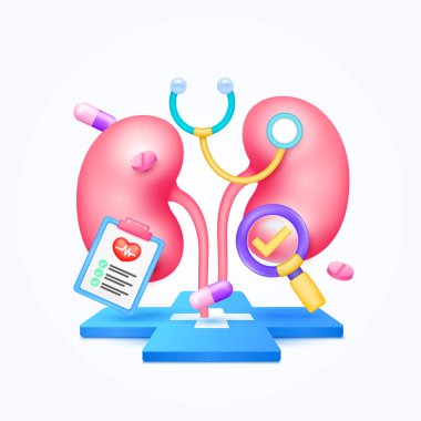 Doktorla böbrek sağlığı. Belge formları, steteskop, büyüteçle işaretlenmiş haplar çapraz tıbbi sembollerin üzerinde yüzen teşhis. 3d karikatür simgesi organ vektörü.