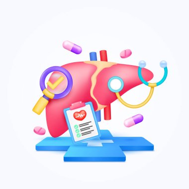 Doktorla karaciğer sağlığı. Belge formları, steteskop, büyüteçle işaretlenmiş haplar çapraz tıbbi sembollerin üzerinde yüzen teşhis. 3d karikatür simgesi organ vektörü.