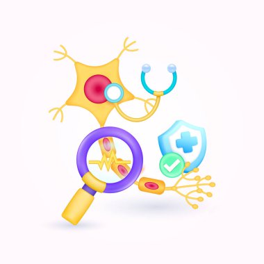 Sinir hücresi sağlığını doktorla kontrol edin. Sarı kalp atışı büyüteç görünümlü böbrek teşhisi ve kalkan sembolü çapraz, işaret düğmesine bak. Sağlık hizmetleri. 3d simge organ anatomisi karikatür vektörü.