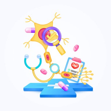 Doktorla sinir hücresi sağlık hizmeti. Hap, belge tahtası ve büyüteçle işaretlenmiş steteskop çapraz tıbbi sembollerde yüzen teşhis. 3d karikatür simgesi organ vektörü.
