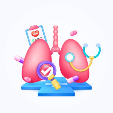 Doktorla akciğer sağlığı hizmeti. Hap, belge panosu ve büyüteçle işaretlenmiş steteskop çapraz tıbbi sembollerde yüzen teşhis. 3d karikatür simgesi organ vektörü.