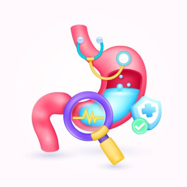 Mide sağlığını doktorla kontrol edin. Sarı kalp atışı büyüteç görünümlü mide teşhisi ve kalkan sembolü çapraz, işaret düğmesine bak. Sağlık hizmetleri. 3d simge organ anatomisi karikatür vektörü.