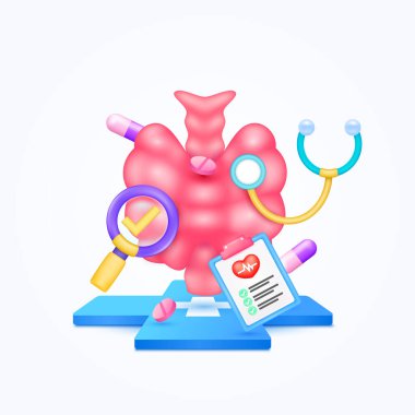 Tiroid bezi doktorla sağlık hizmeti. Hap, belge tahtası ve büyüteçle işaretlenmiş steteskop çapraz tıbbi sembollerde yüzen teşhis. 3d karikatür simgesi organ vektörü.