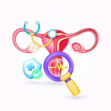 Rahim sağlığını doktorla kontrol edin. Büyüteç görünümlü rahim tanısı ve kalkan sembolü çaprazında sarı kalp atışı işaretleme düğmesine bakın. Sağlık hizmetleri. 3d simge organ anatomisi karikatür vektörü.