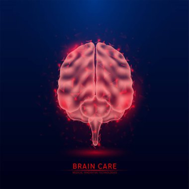 Koyu mavi arka planda insan beyni kırmızı yarı saydam düşük poli üçgenler. Geleceğin parlayan organ anatomisi. Kalp sağlığı yenilikçi teknolojisi. Tıp ve bilim konsepti. Vektör EPS10.