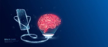 Çevrimiçi tıbbi. Doktor hasta konsültasyonu. Akıllı telefon ve stetoskop, insan beyni organlarının sağlığını kontrol ediyor. Kırmızı yarı saydam düşük polyester üçgenler ve metin için alan kopyaları. Sağlık hizmeti dijital konsepti. Vektör.