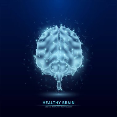 Koyu mavi arka planda insan beyni beyaz yarı saydam düşük polimer üçgenler. Geleceğin parlayan organ anatomisi. Kalp sağlığı yenilikçi teknolojisi. Tıp ve bilim konsepti. Vektör EPS10.