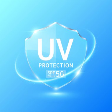 Ultraviyole ışın koruması ve yarı saydam cam kalkan 50 PA halkayla çevrili. UVA, UVB, güneş ışığı ve ultraviyole saldırılara karşı korur. Tasarım kozmetik ürünleri reklamları için. Sağlık hizmeti konsepti. Vektör.