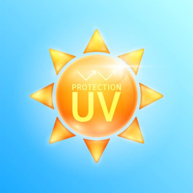 Turuncu güneşte ultraviyole koruma. UVA, UVB, güneş ışığı ve ultraviyole saldırılara karşı korur. Tasarım kozmetik ürünleri reklamları için. Vektör.