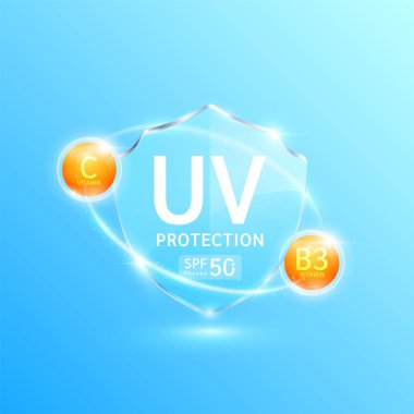 UV koruması ve cam kalkan içinde yarı saydam 50 PA turuncu C vitamini, B3 ile çevrili. UVA, UVB, güneş ışığı ve ultraviyole saldırılara karşı korur. Tasarım kozmetik ürünleri reklamları için. Vektör.