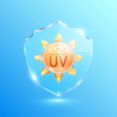 UV koruması. 50 PA. Cam kalkan şeffaf turuncu güneş şeklinde. UVA, UVB, güneş ışığı ve ultraviyole saldırılara karşı korur. Tasarım kozmetik ürünleri reklamları için. Vektör.