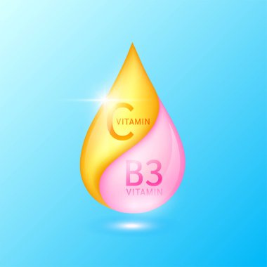 Portakal vitamini C askorbik asit damlası ve pembe vitamin B3 niasinamit çözeltisi. UVA, UVB, güneş ışığı ve ultraviyole saldırılara karşı ultraviyole koruma. Tasarım kozmetik ürünleri reklamları için. Vektör EPS10.